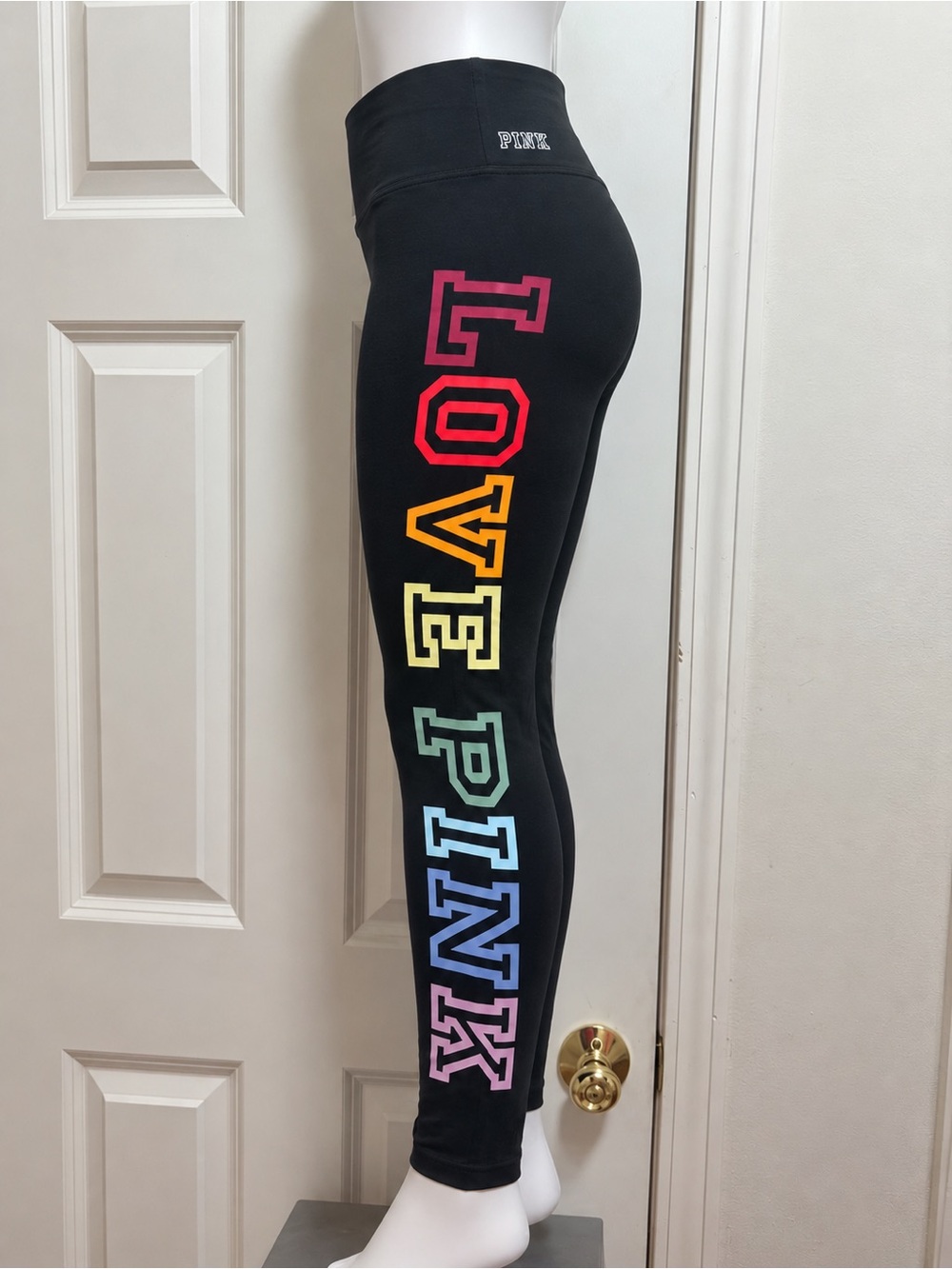 PINK Victoria's Secret Black Leggings with Rainbow LOVE PINK Side Print